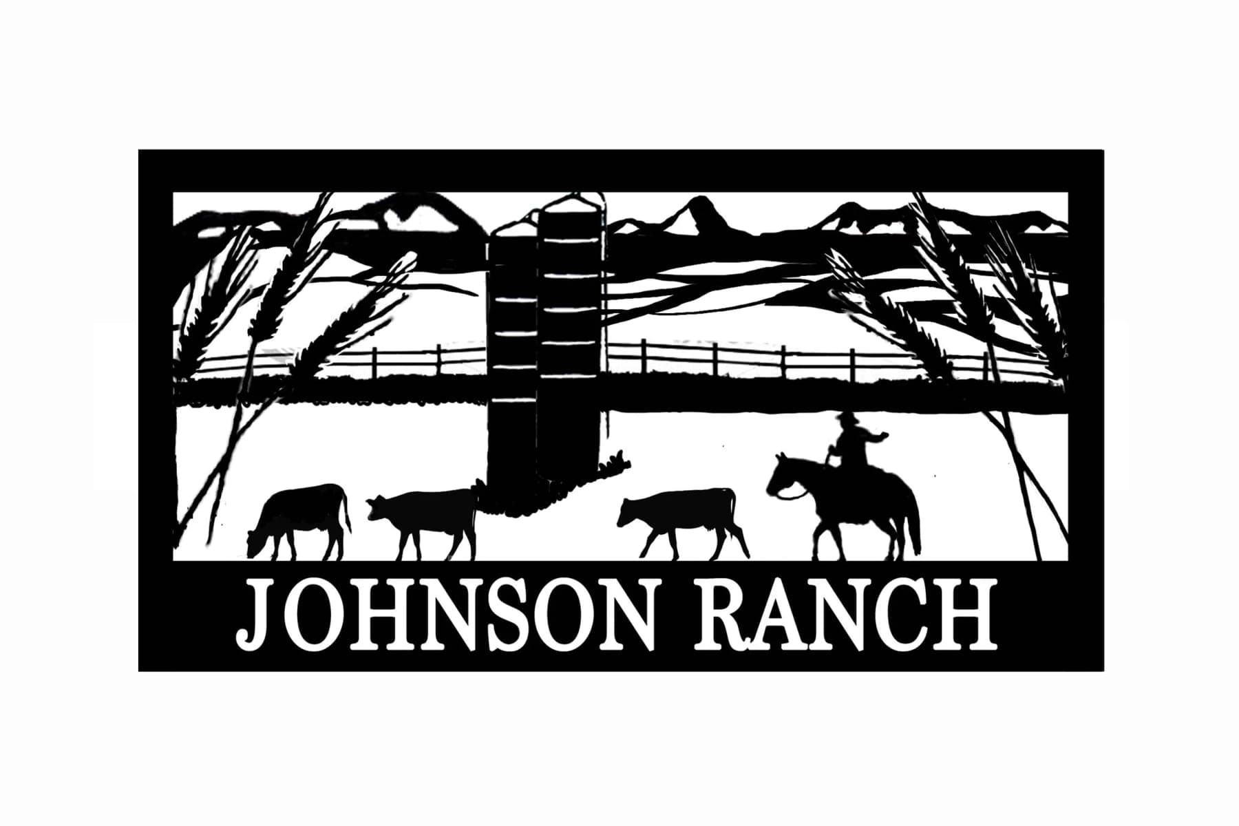 A first design: Johnson Ranch, with cattle, a silo, mountains, and a cowboy on horseback